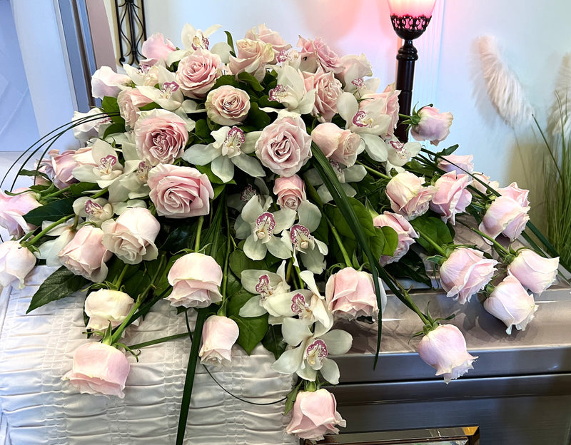 Casket Spray Pink Roses and Orchids