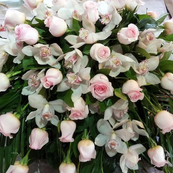 Casket Spray Pink Roses and Orchids